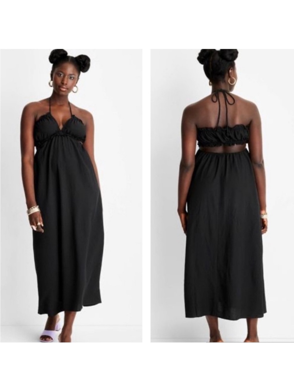 Women's Black Halter Maxi Dress with Ruching